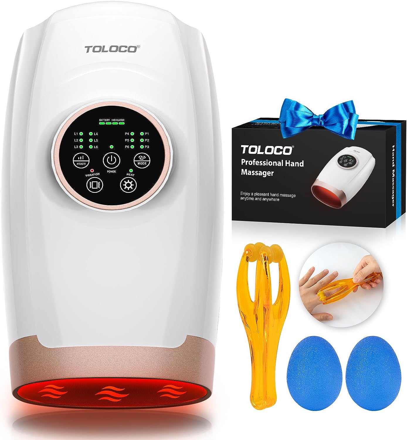 TOLOCO Hand Massager, Cordless Hand Massager with Heat and Air Compression, Hand Massager for Arthritis, Electric Hand Massager with 6 Level Pressure Mode for Hand, Wrist and Finger (White)