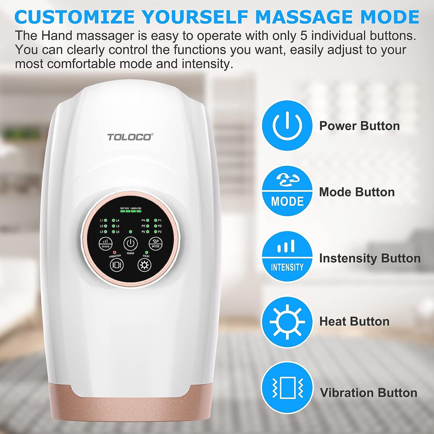 TOLOCO Hand Massager, Cordless Hand Massager with Heat and Air Compression, Hand Massager for Arthritis, Electric Hand Massager with 6 Level Pressure Mode for Hand, Wrist and Finger (White)